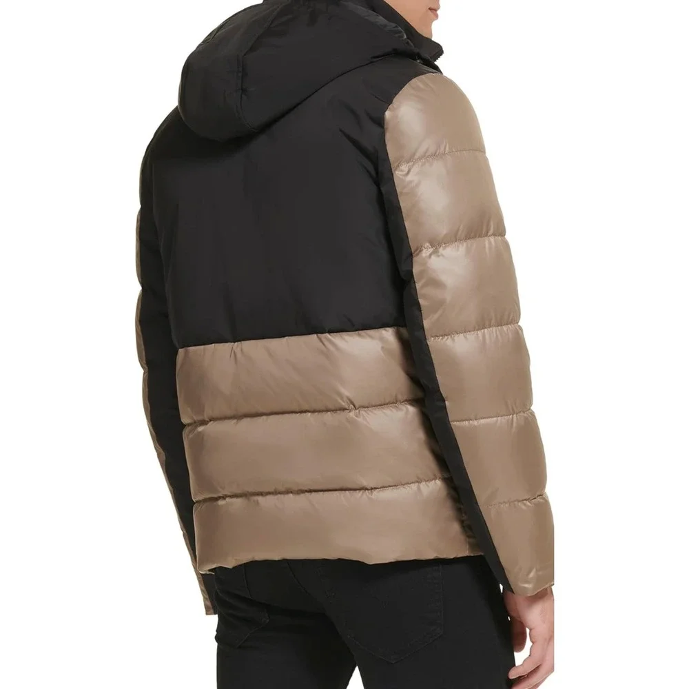 Kenneth Cole Puffer Jacket Hooded Black Tan Color Block Full‎ Zip Mens XXL